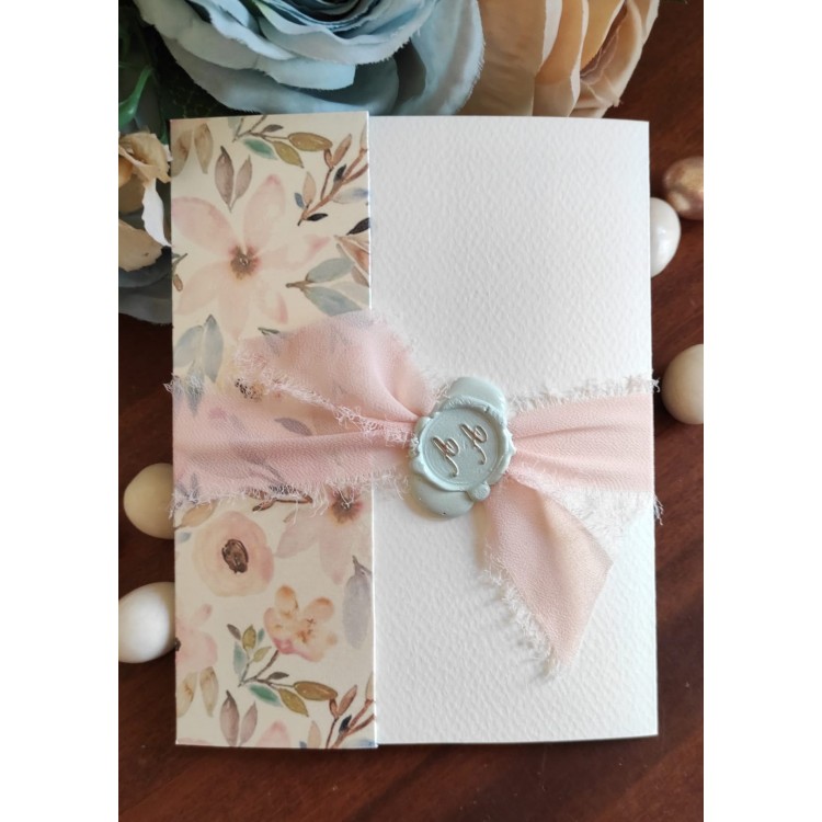 Partecipazione di matrimonio floreale colori pastello con sigillo in ceralacca