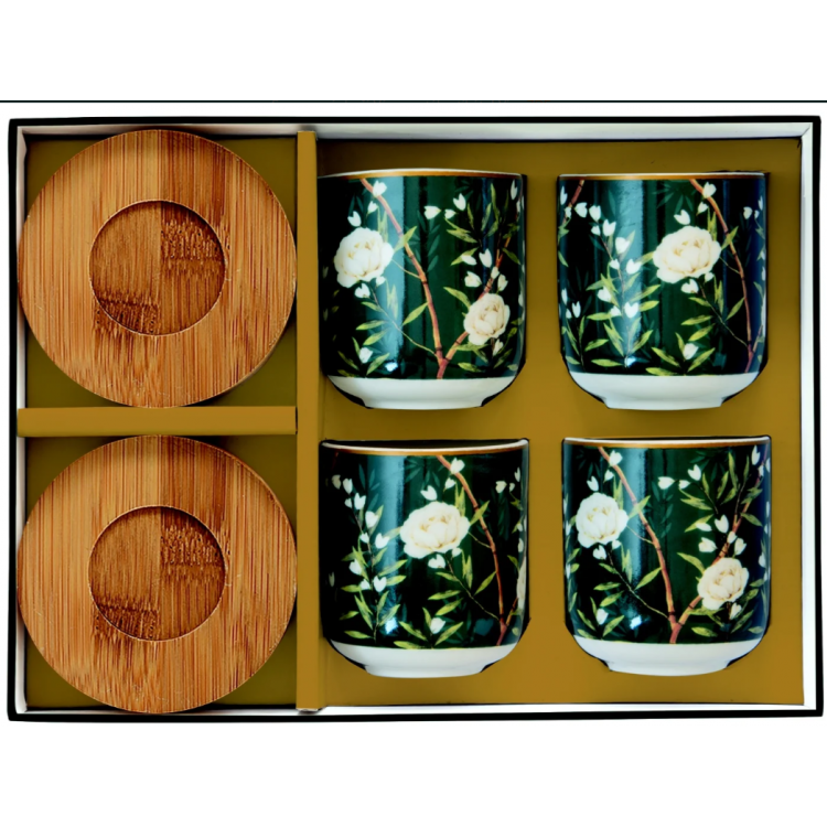 Set 4 bicchierini caffè 110 ml con piattino in bamboo linea Royal Peonies di Easy Life