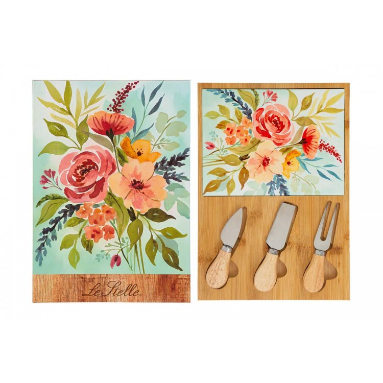 Set 4 Pz Tagliere Legno Posate Formaggio 30X21,5Cm C/Color/Box