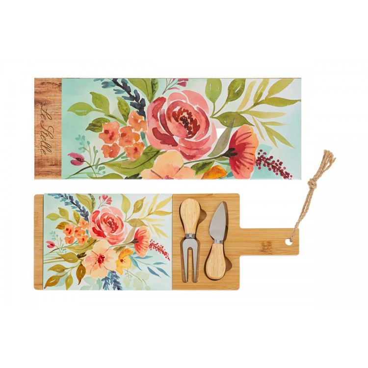 Set 3 Pz Tagliere Legno Posate Formaggio 15X41Cm C/Color/Box