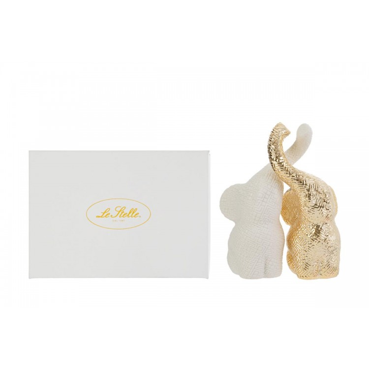 Set 2 Elefantini Porcellana 3D Bianco/Oro 5X9Xh.16Cm C/Astuccio