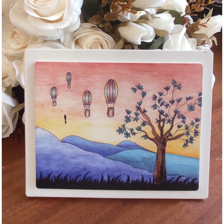 Quadretto in Legno Mongolfiere albero della vita – Bomboniera Solidale cm 10 x 12 cm in legno a due livelli