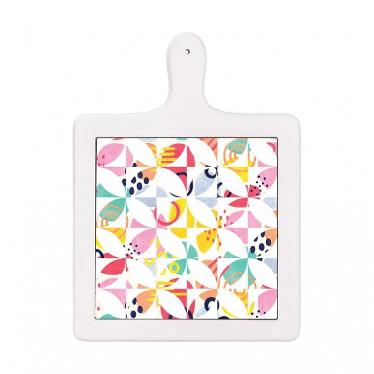 Sottopentola in Legno con Piastrella in Ceramica Motivo Geometrico – Sottopentola Decorativo 14x19