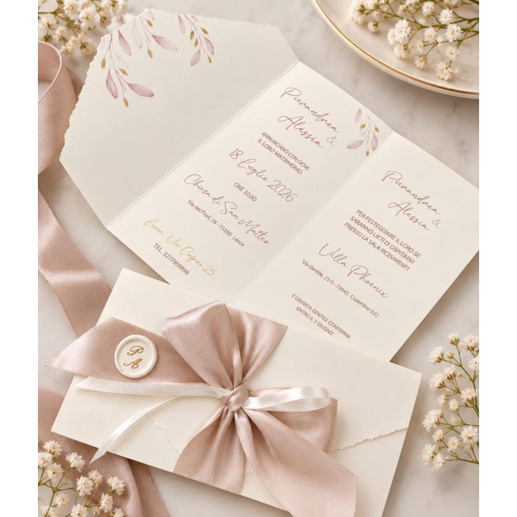 Partecipazione Matrimonio Artigianale in Carta Perlata con Ceralacca e Nastro Rosa Cipria