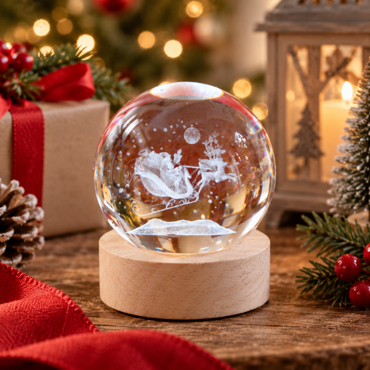 Sfera di Cristallo Natalizia con Slitta Babbo Natale 3D e Luce LED – Ø 6 cm